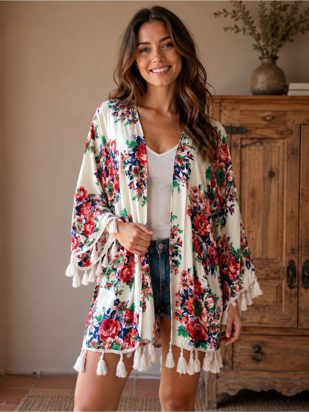 Floral Kimono Tassel Fringe Bohemian Romantic Feminine Red Pink Blue Flowers - S